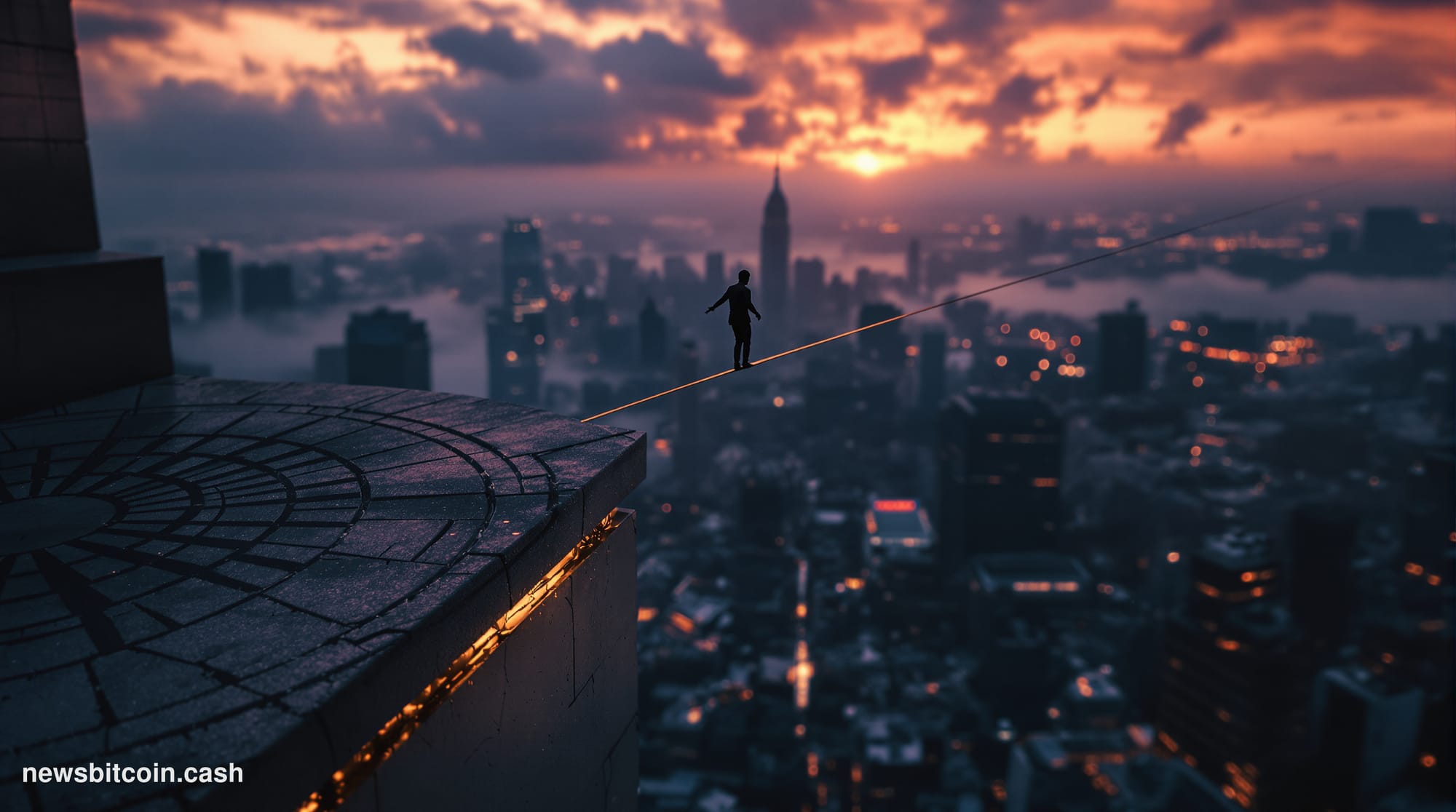 A cinematic photorealistic editorial photograph of a tightrope walker silhouetted against a stormy, bruised-purple and amber 