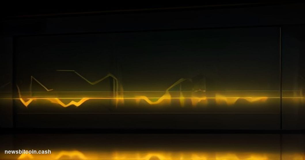 Cinematic photorealistic editorial photograph of a large illuminated Bitcoin symbol mounted on a dark financial trading floor