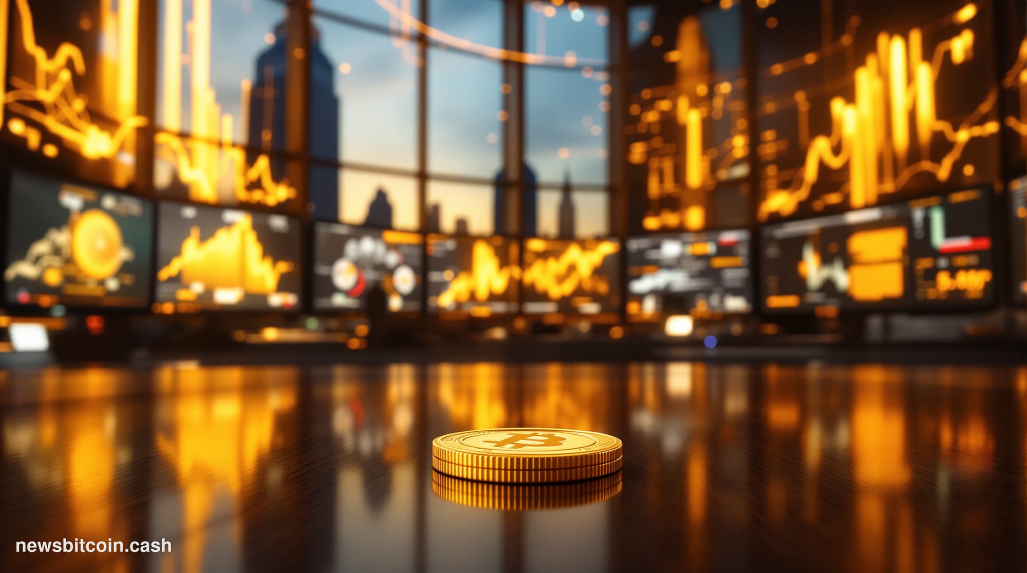 Cinematic photorealistic editorial photograph of a large trading floor in a modern financial institution, bathed in amber and