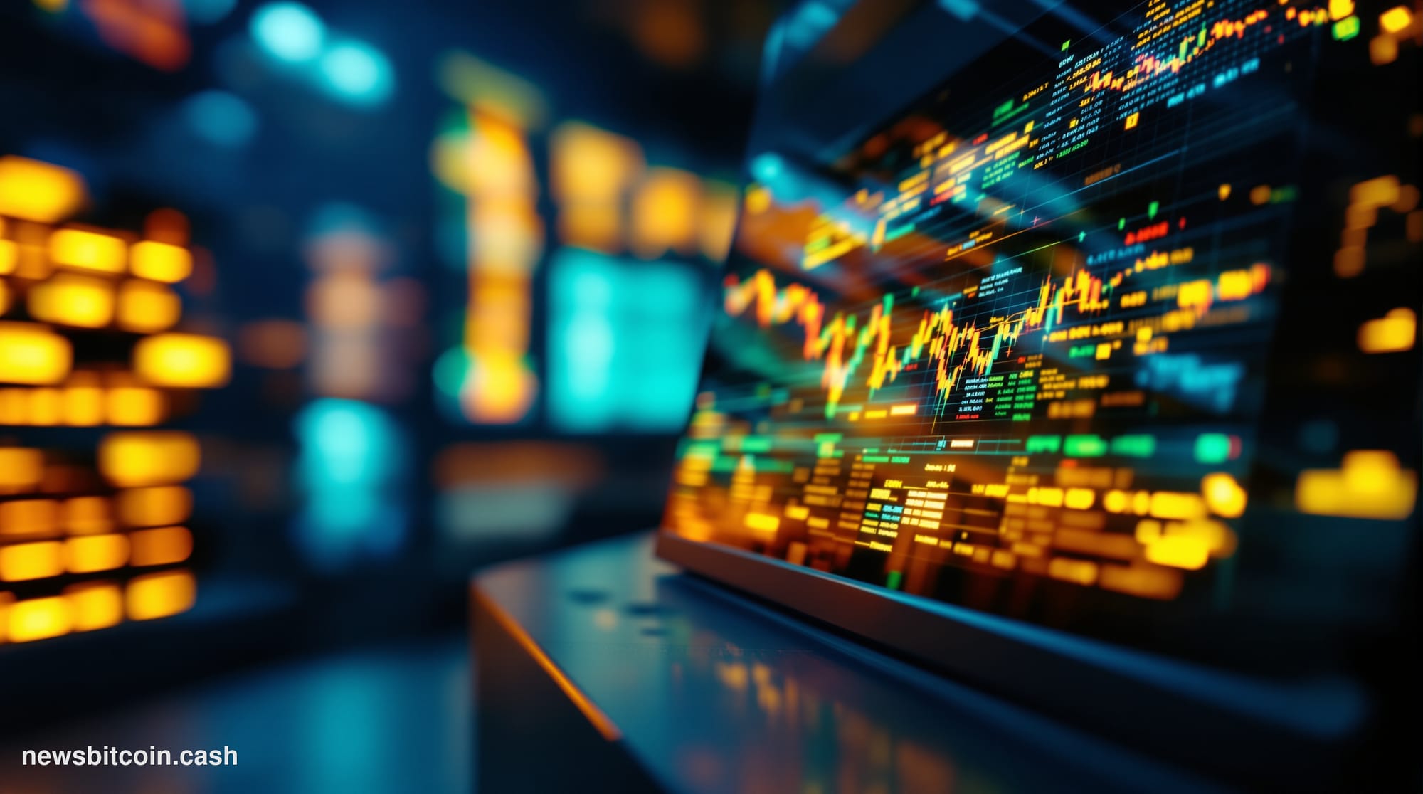 Cinematic photorealistic editorial photograph of a Bloomberg-style trading floor terminal in close-up foreground, screen glow