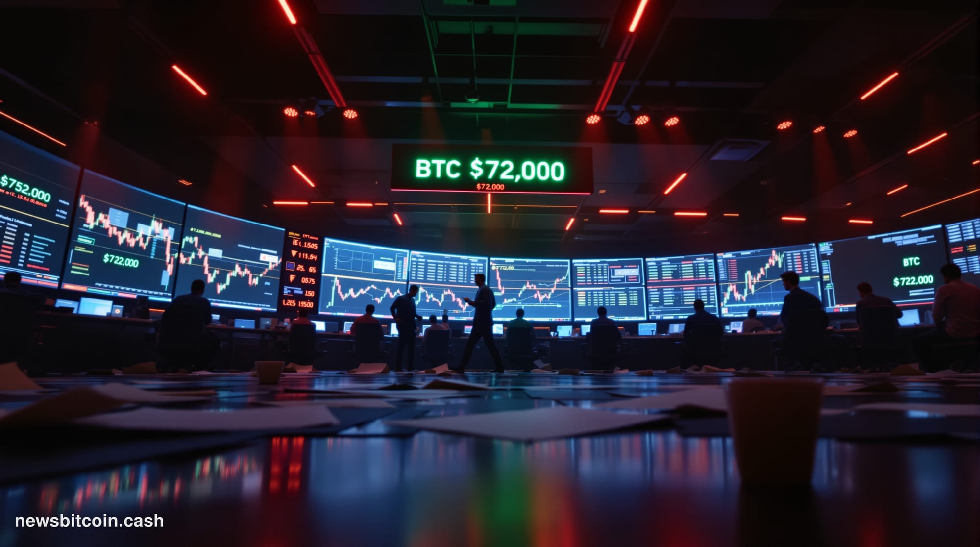 Cinematic photorealistic editorial photograph of a large financial trading floor at night, bathed in deep red and amber emerg