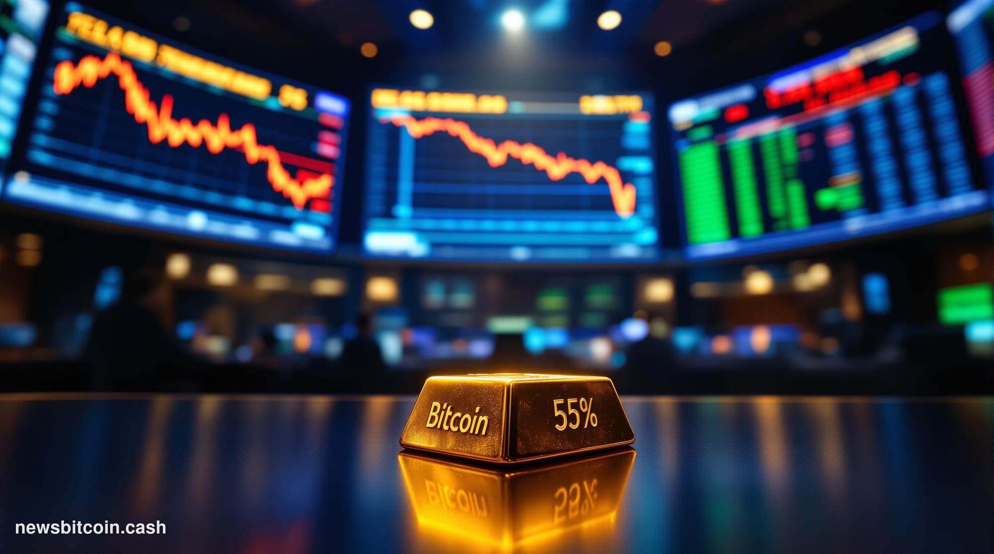 A cinematic photorealistic editorial photograph set inside a grand financial trading floor, shot from a low angle looking up 