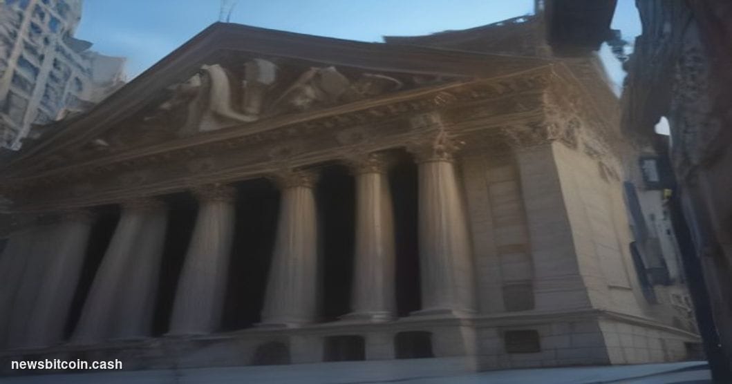 Cinematic photorealistic editorial photograph of the New York Stock Exchange facade on Wall Street at dusk, dramatic low-angl