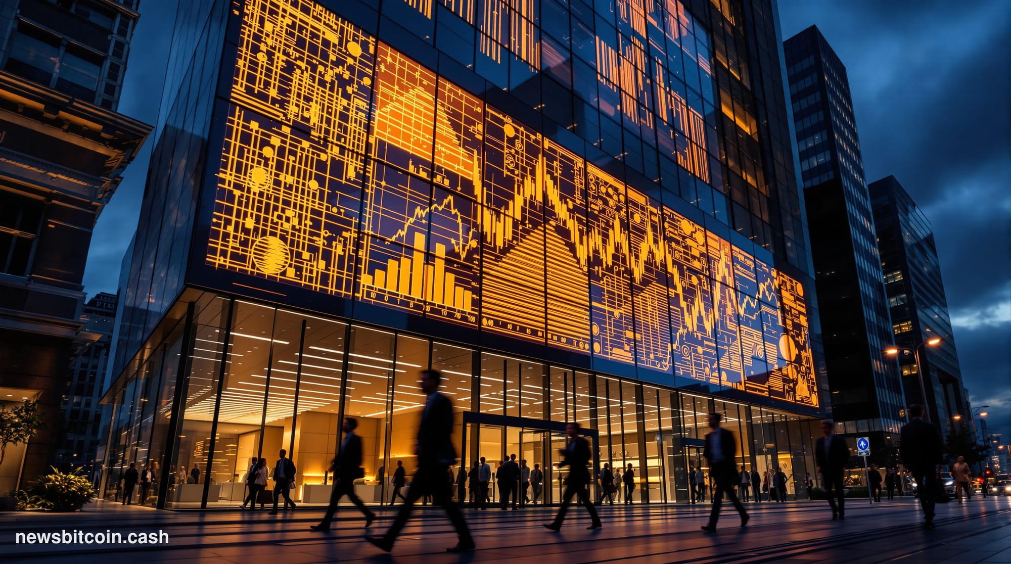 A cinematic photorealistic editorial photograph shot from a low angle looking up at the glass and steel facade of a major fin