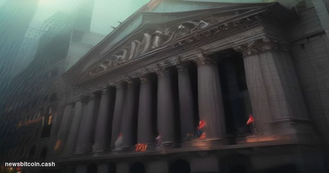 Cinematic photorealistic editorial photograph of the New York Stock Exchange building facade on Wall Street, late afternoon, 