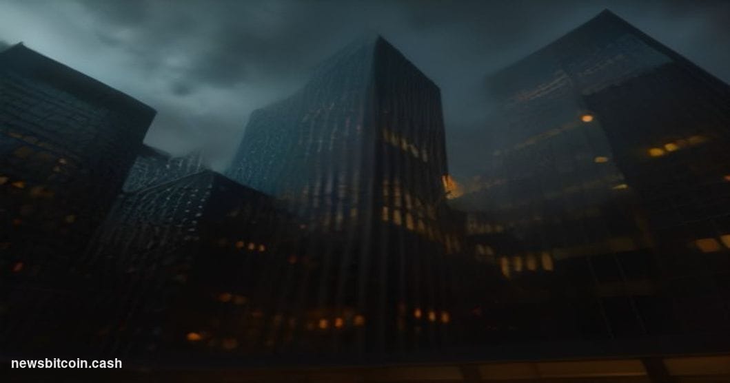 Cinematic photorealistic editorial photograph shot at ground level looking up at Wall Street's iconic canyon of financial tow