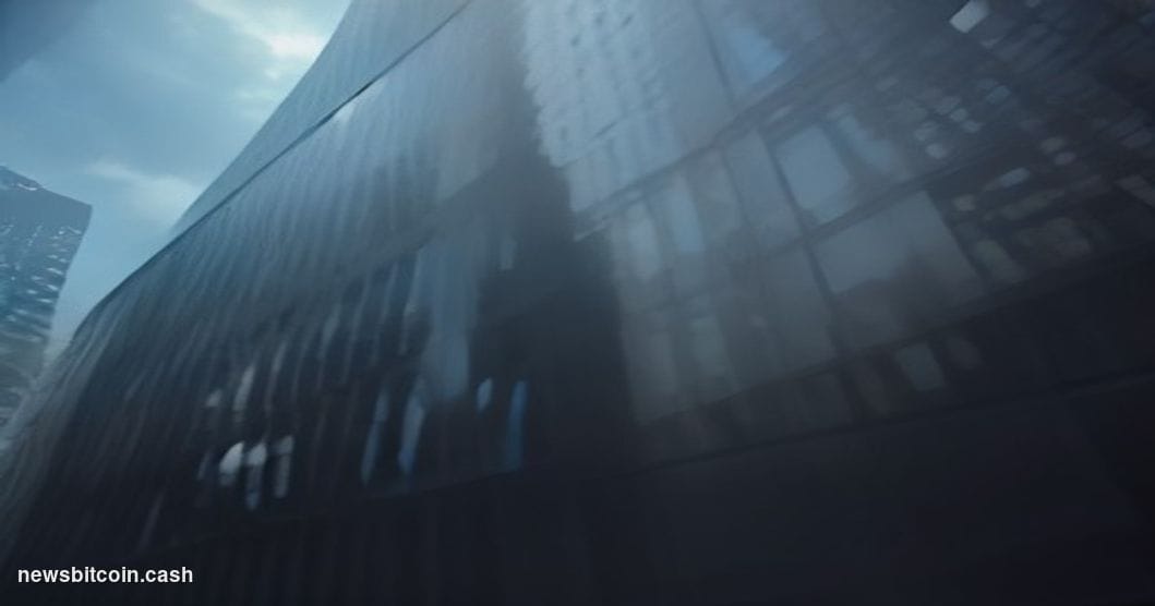Cinematic photorealistic editorial photograph shot at a low angle looking up at the glass and steel facade of a major financi