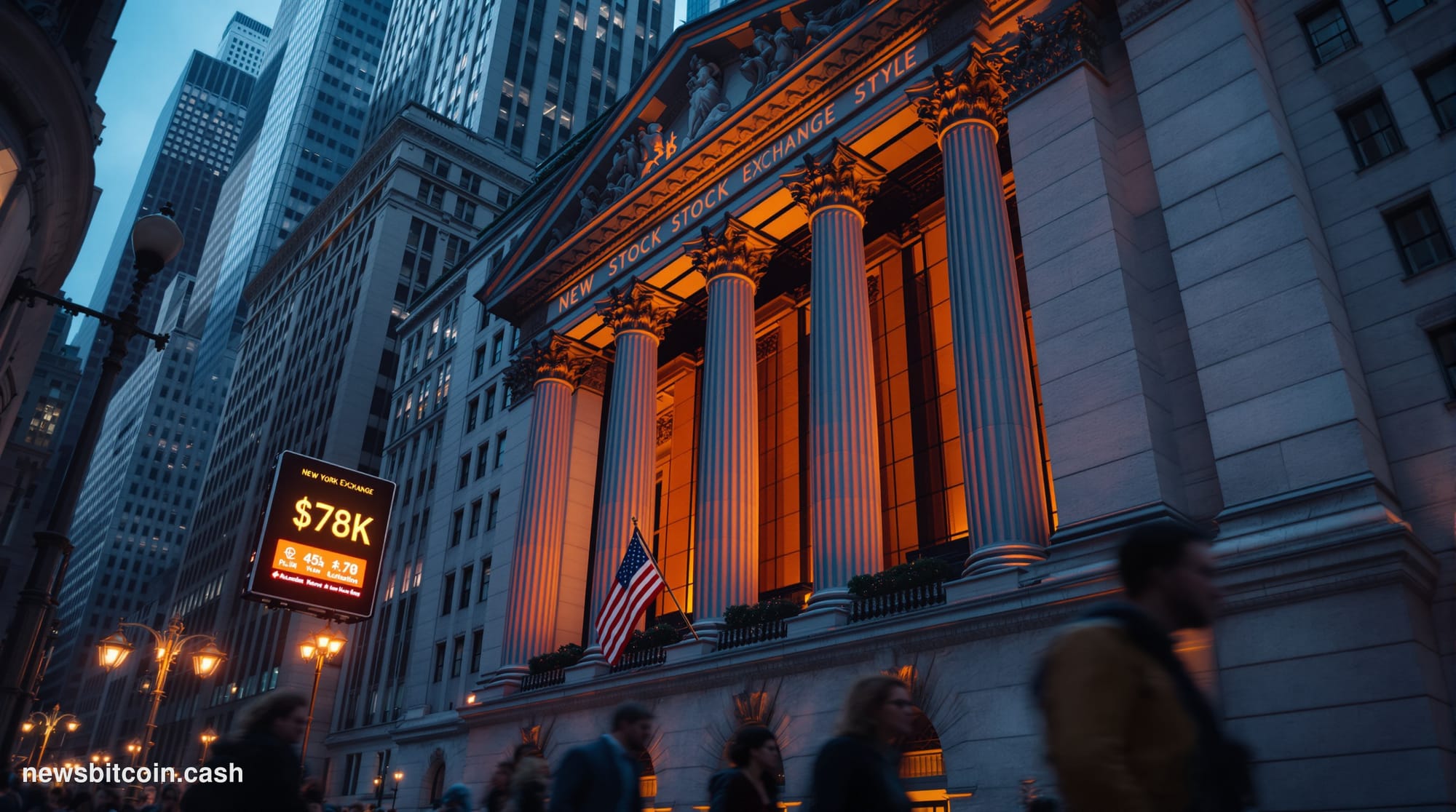 Cinematic photorealistic editorial photograph of the New York Stock Exchange exterior on Wall Street, shot at dusk with drama