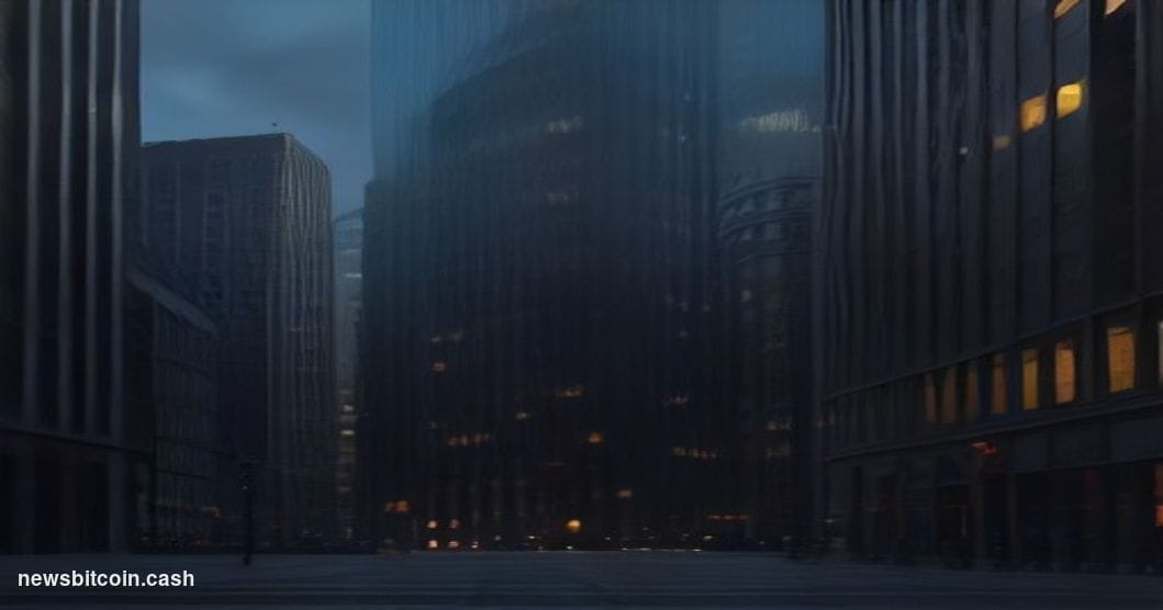 Cinematic photorealistic editorial photograph of a towering Wall Street financial district building at dusk, shot from a low 