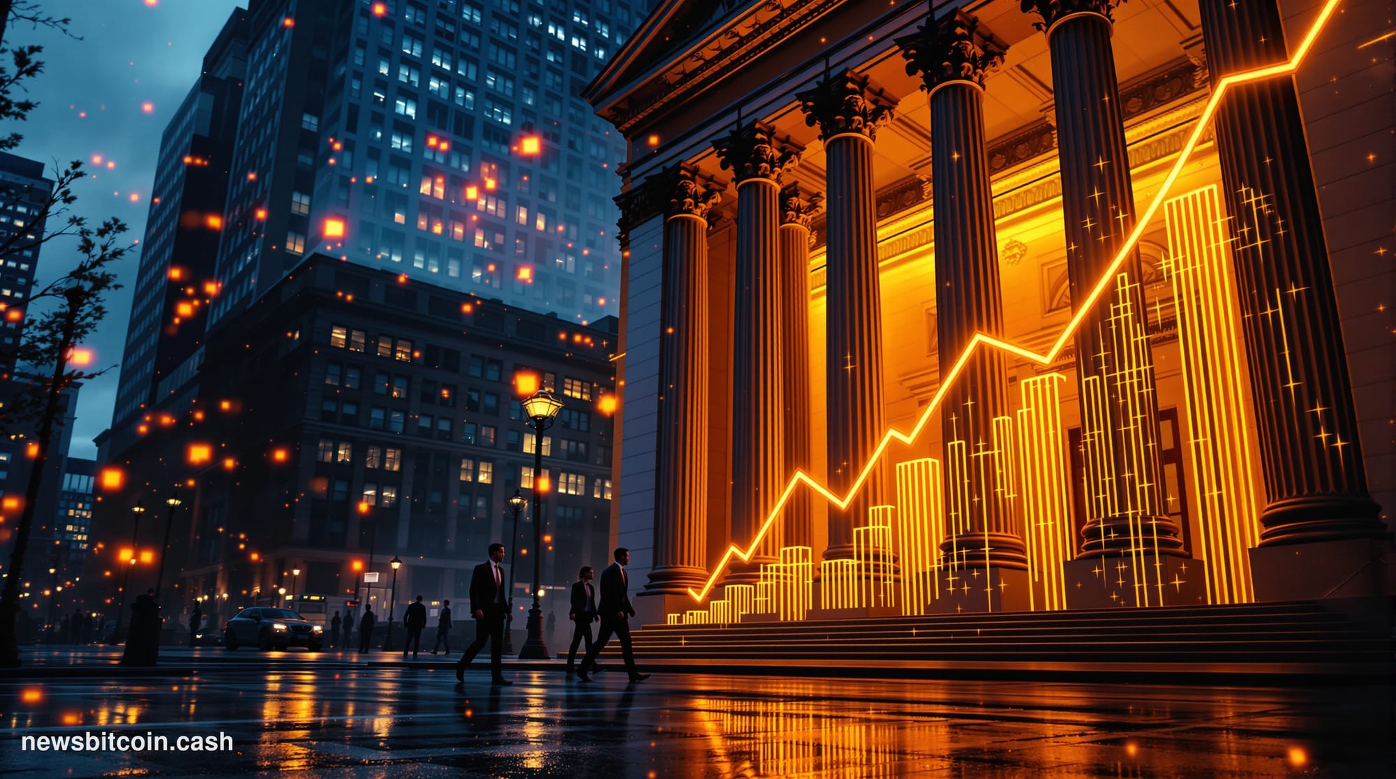 Cinematic photorealistic editorial photograph of the New York Stock Exchange facade on Wall Street, shot at dusk with warm am