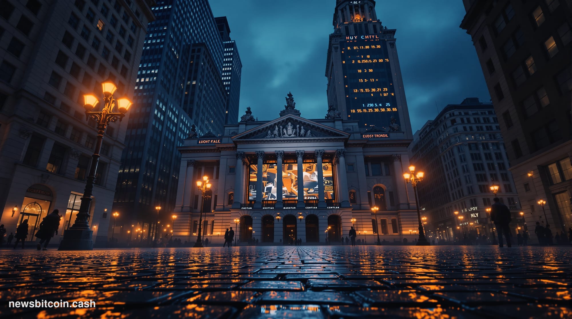 Cinematic photorealistic editorial photograph of a dramatic Wall Street financial district scene at dusk, with the New York S
