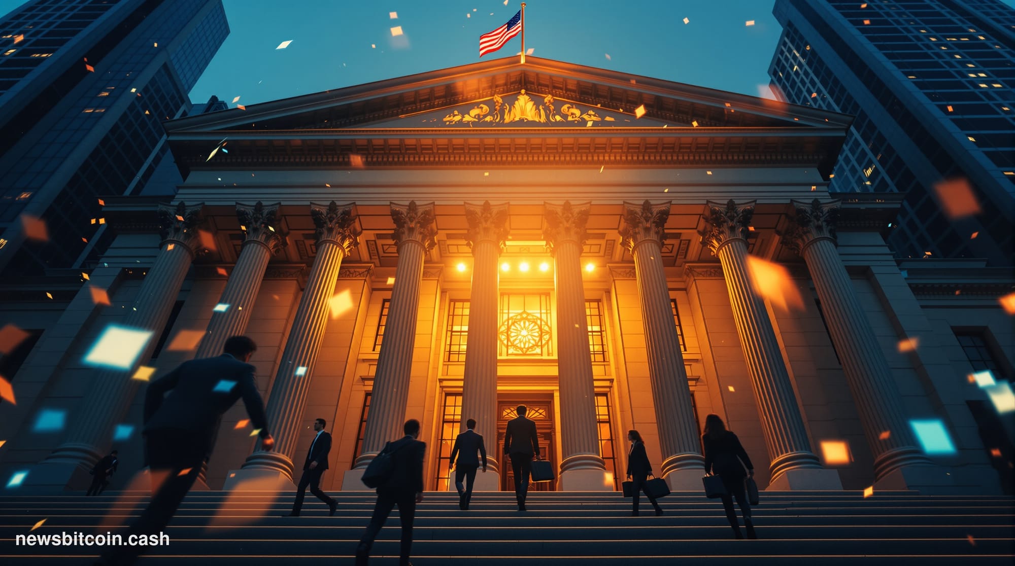 Cinematic photorealistic editorial photograph of the New York Stock Exchange building on Wall Street, shot from a low angle l