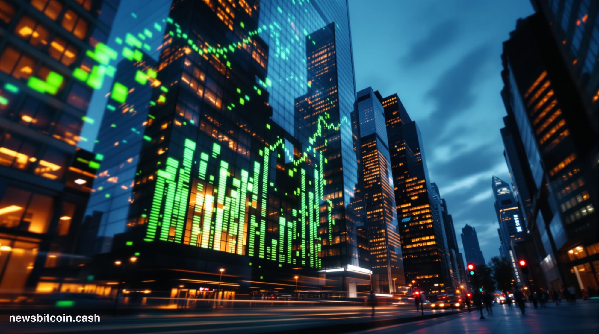 A cinematic photorealistic editorial photograph of Wall Street's financial district in Lower Manhattan at dusk, shot from a l