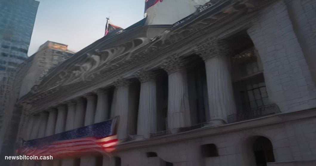 Cinematic photorealistic editorial photograph of the New York Stock Exchange building on Wall Street, shot at dusk with warm 