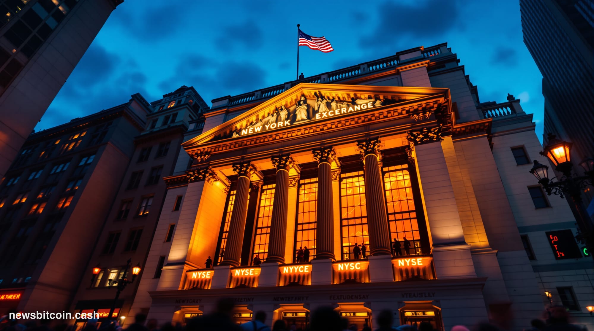 Cinematic photorealistic editorial photograph of the New York Stock Exchange's iconic neoclassical facade on Wall Street at d
