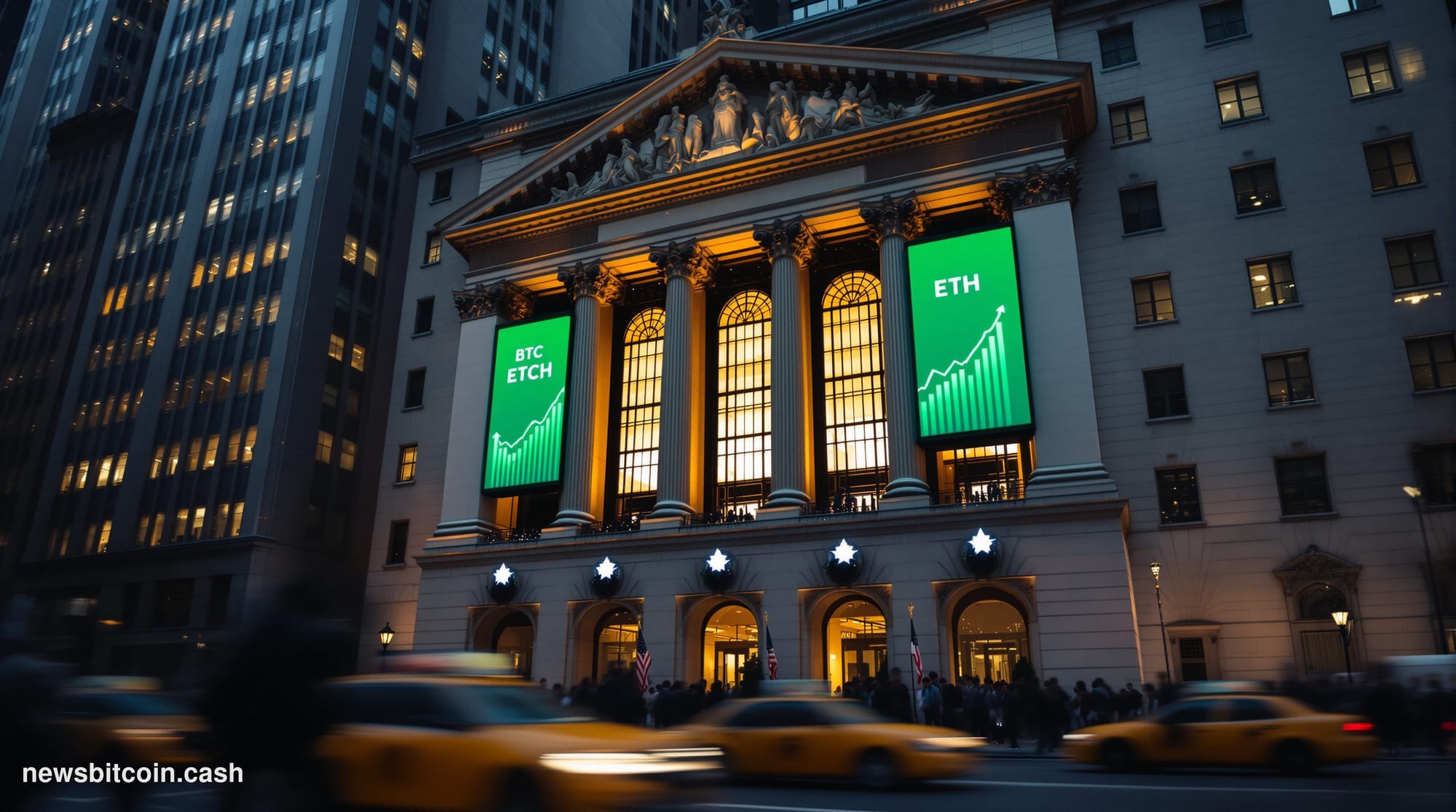 Cinematic photorealistic editorial photograph of the New York Stock Exchange's iconic neoclassical facade on Wall Street, sho