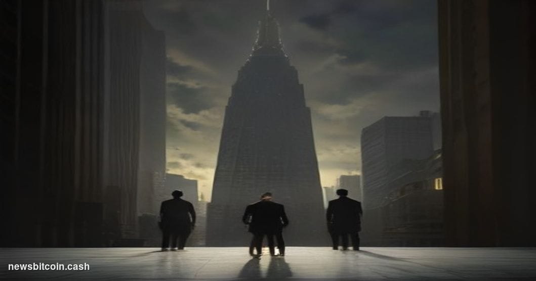 Cinematic photorealistic editorial photograph shot at ground level looking up at two towering financial monuments — a gleamin