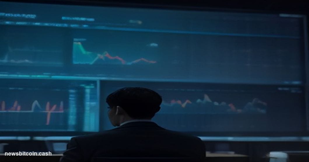 Cinematic photorealistic editorial photograph of the Tokyo Stock Exchange trading floor bathed in cool blue-grey ambient ligh