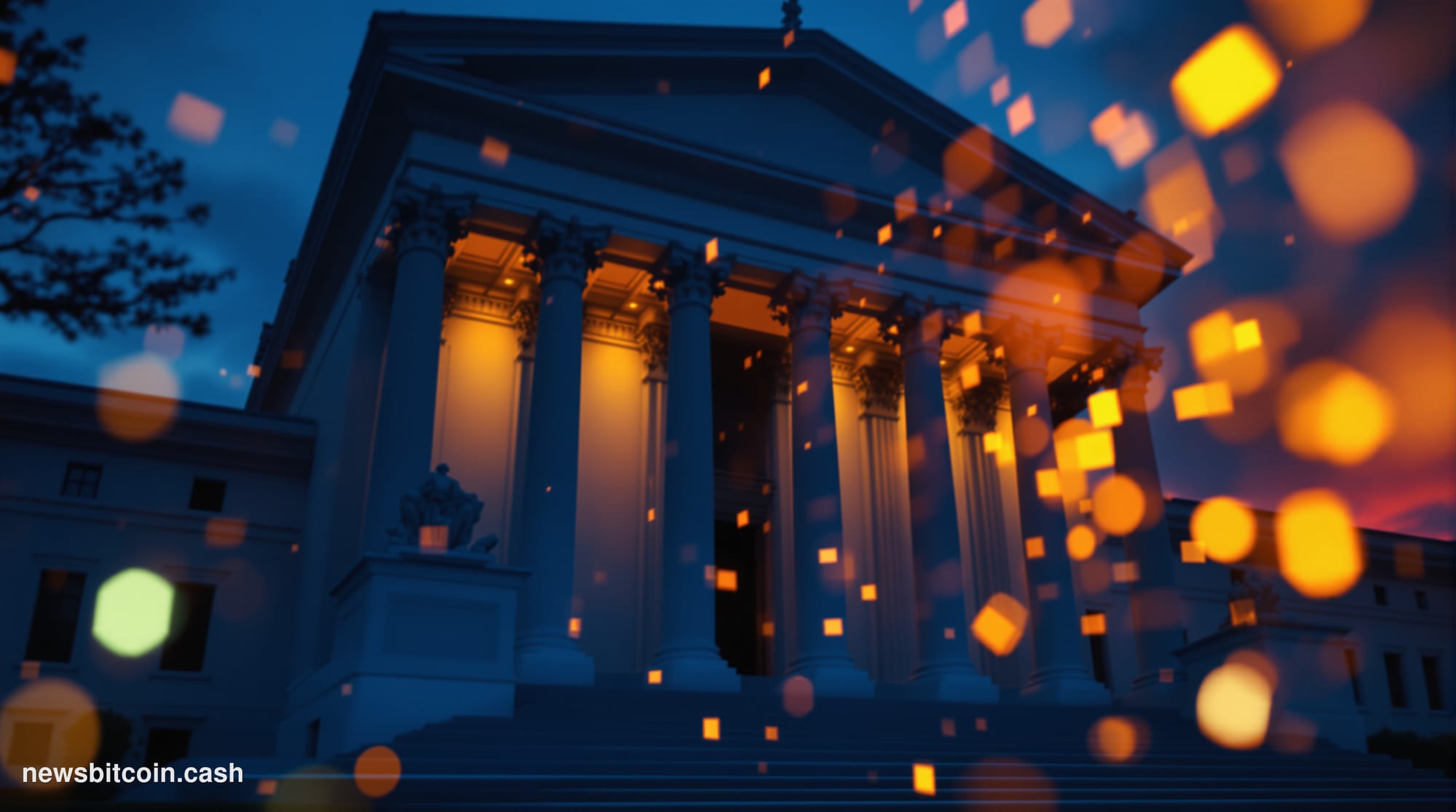 Cinematic photorealistic editorial photograph of the US Treasury building in Washington D.C. at dusk, shot from a low angle l