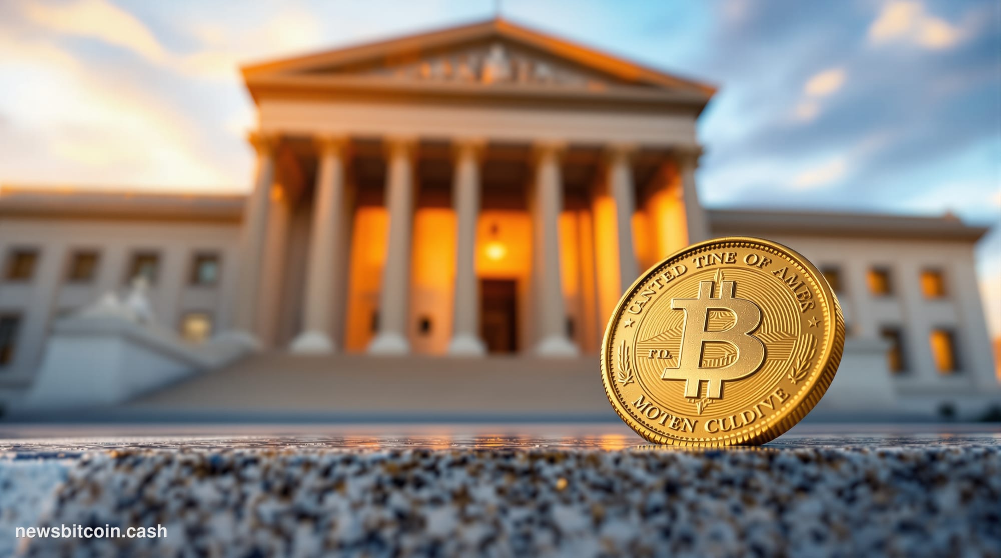 Cinematic photorealistic editorial photograph of the U.S. Department of the Treasury building in Washington D.C., shot from a