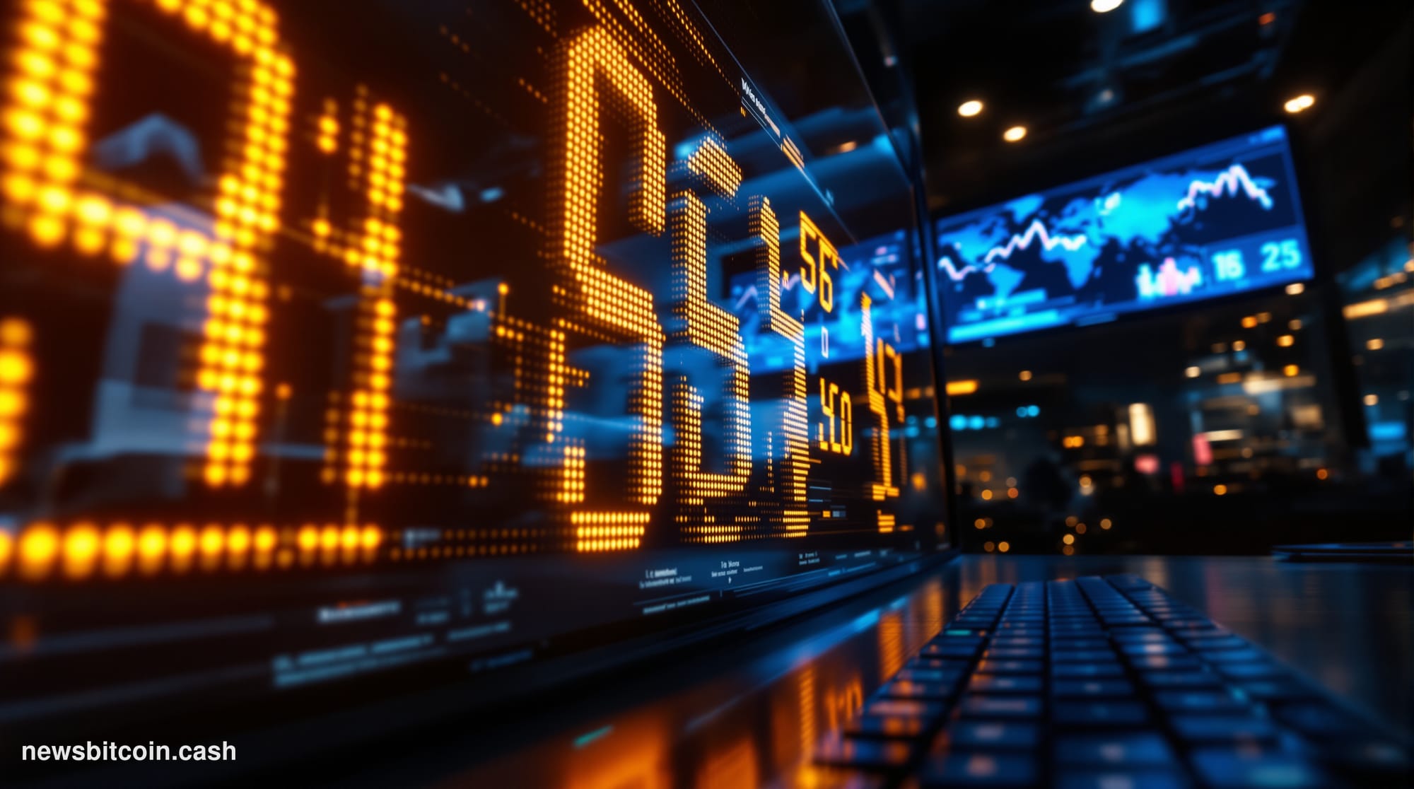 Cinematic photorealistic editorial photograph shot at a low angle looking up at a large financial trading floor display board