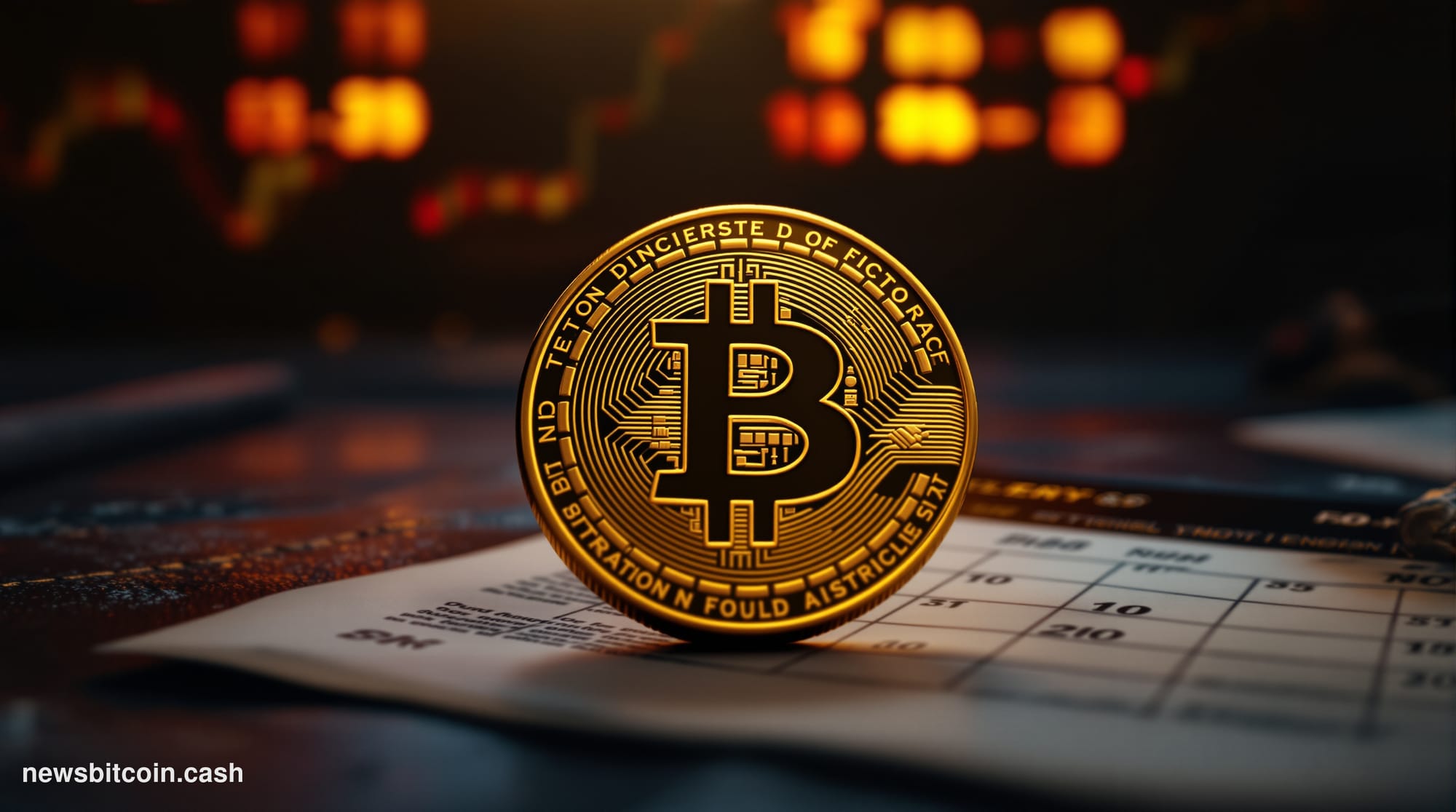 A cinematic photorealistic editorial photograph of a physical gold Bitcoin coin resting on a worn leather surface, dramatical