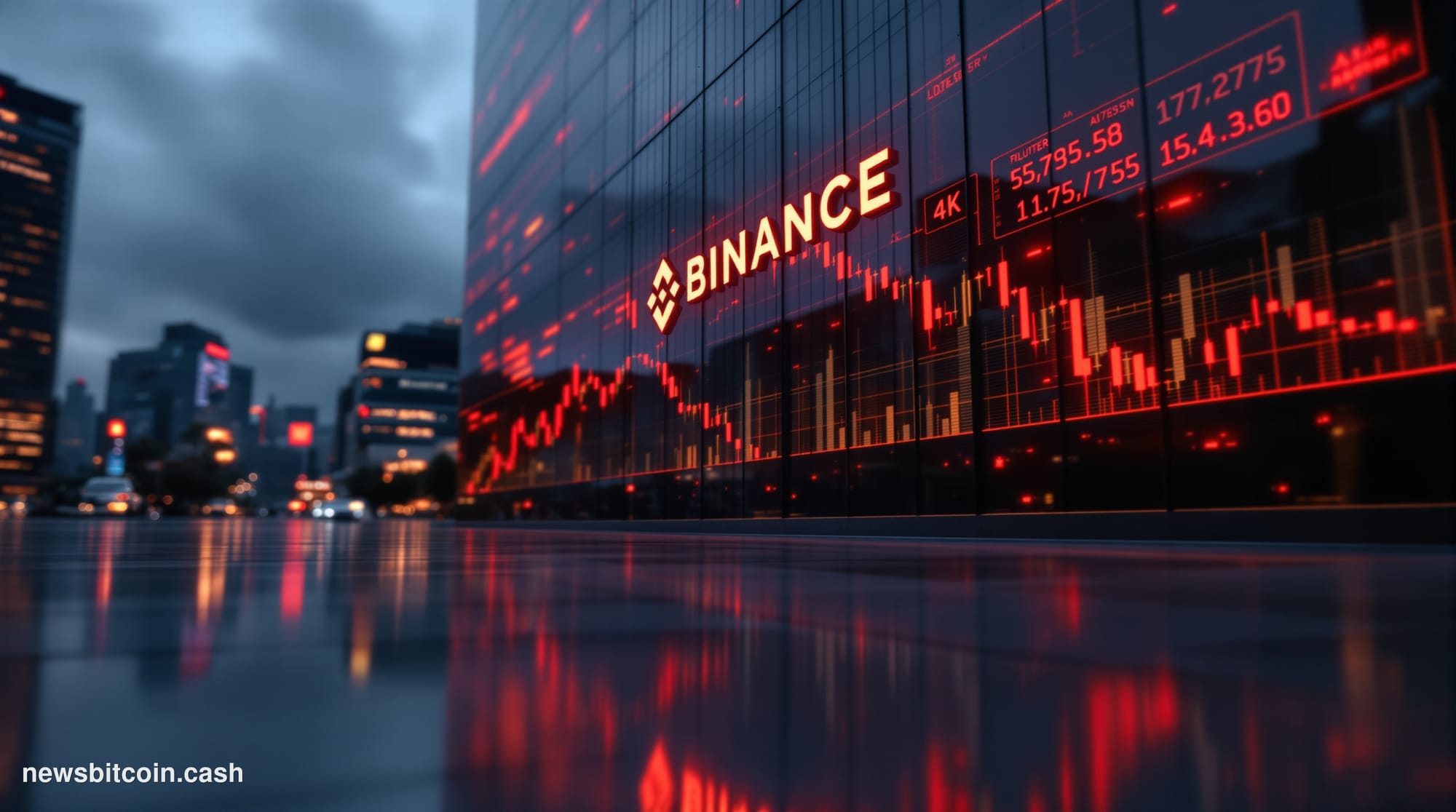 Cinematic photorealistic editorial photograph of the Binance headquarters building exterior at dusk, with dramatic red and am