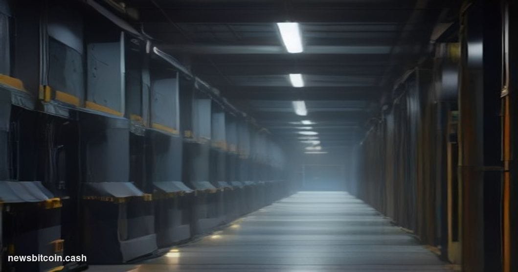 Cinematic photorealistic editorial photograph of a massive industrial Bitcoin mining facility undergoing dramatic transformat