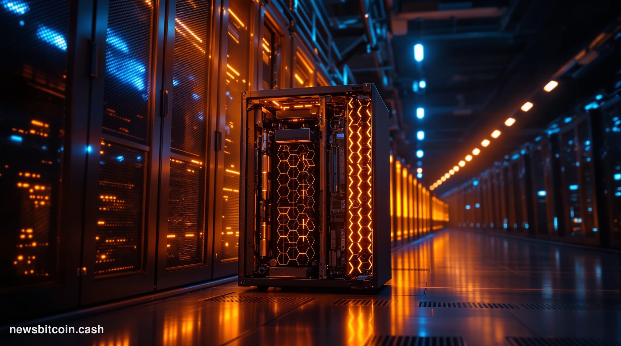A cinematic photorealistic editorial photograph of an industrial Bitcoin mining facility interior at twilight, shot from a lo