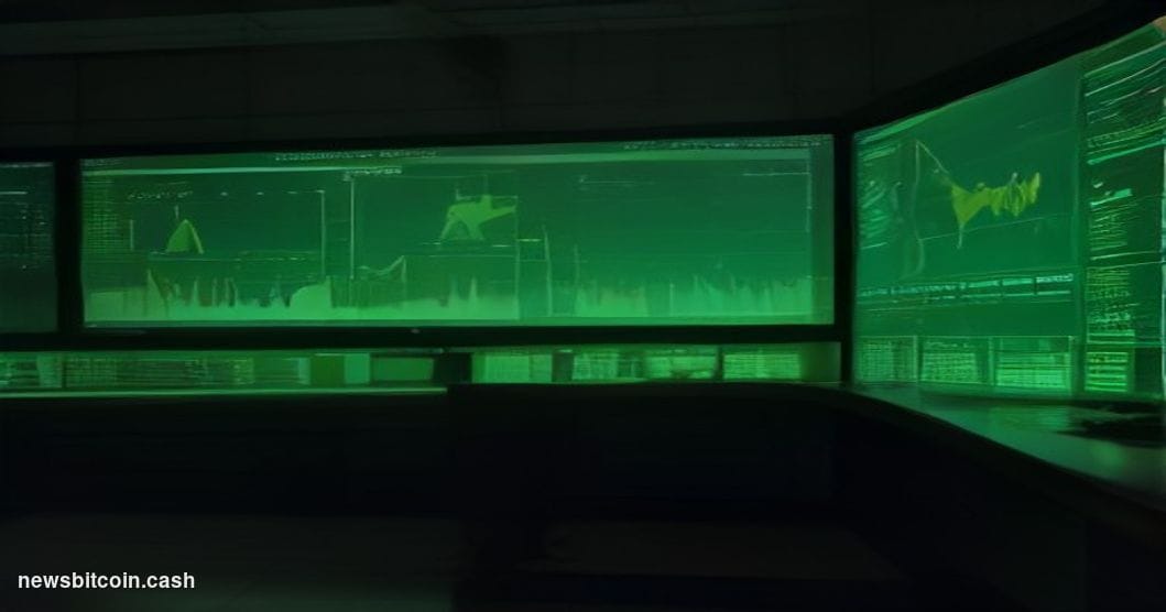 Cinematic photorealistic editorial photograph of a digital trading floor bathed in green-tinted monitor glow, with a central 