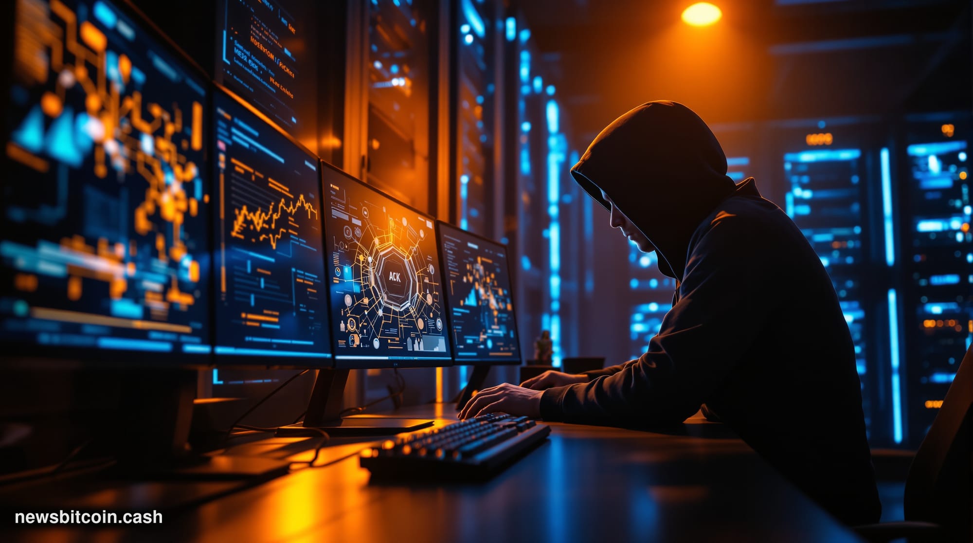 Cinematic photorealistic editorial photograph of a dimly lit server room bathed in amber and cold blue light, with a foregrou