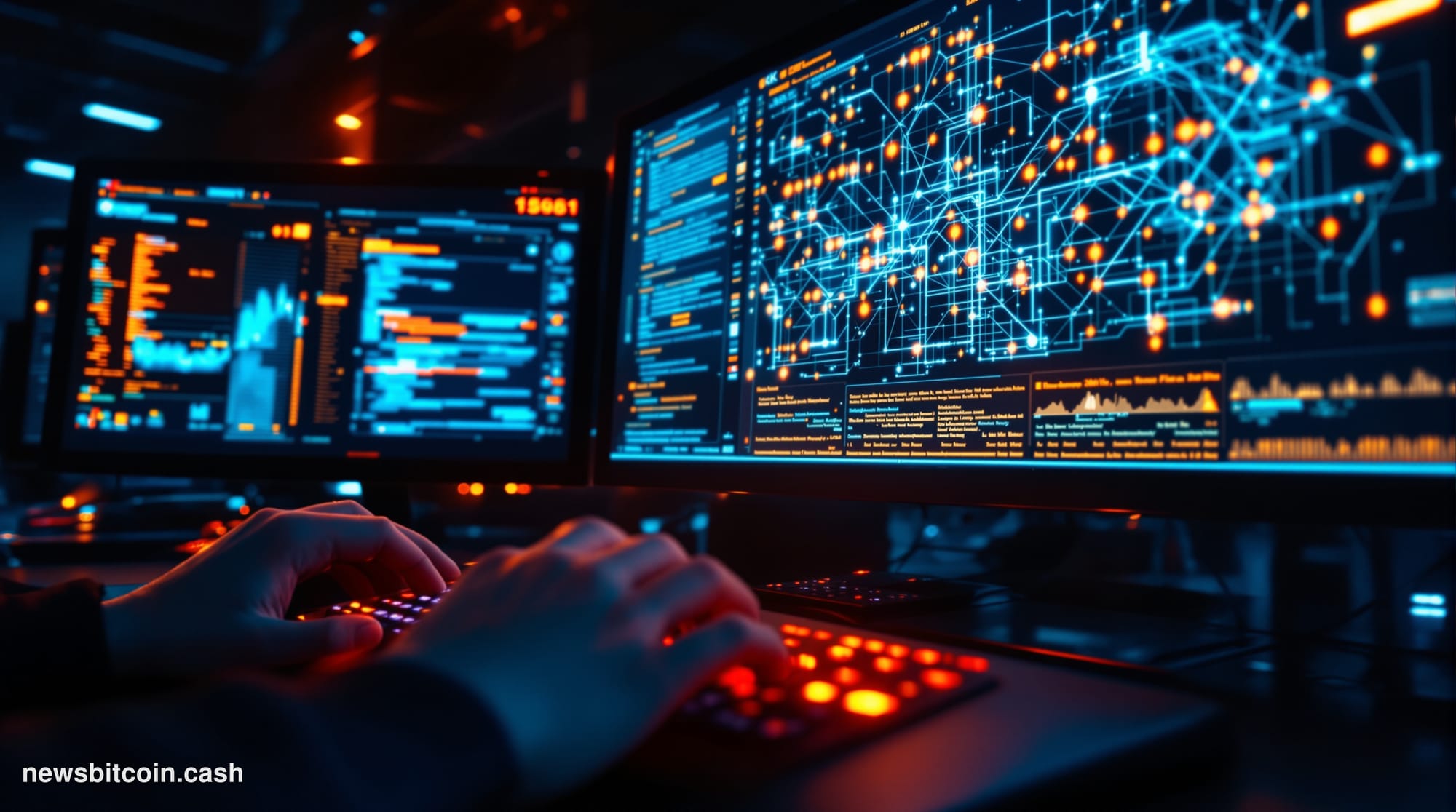 Cinematic photorealistic editorial photograph of a darkened cybersecurity operations room bathed in deep blue and amber light