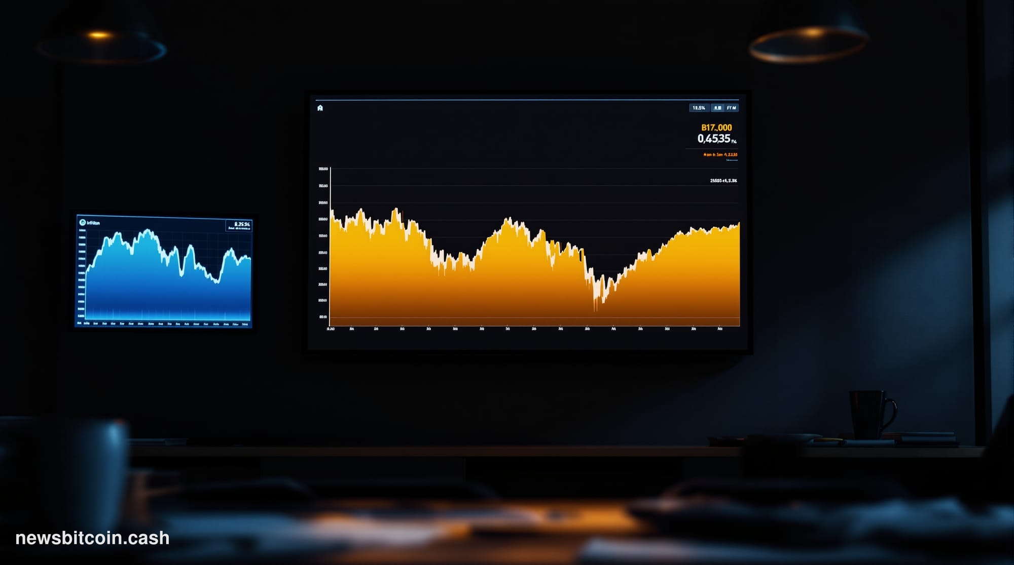 A cinematic photorealistic editorial photograph of a large digital trading screen mounted in a dimly lit financial newsroom, 
