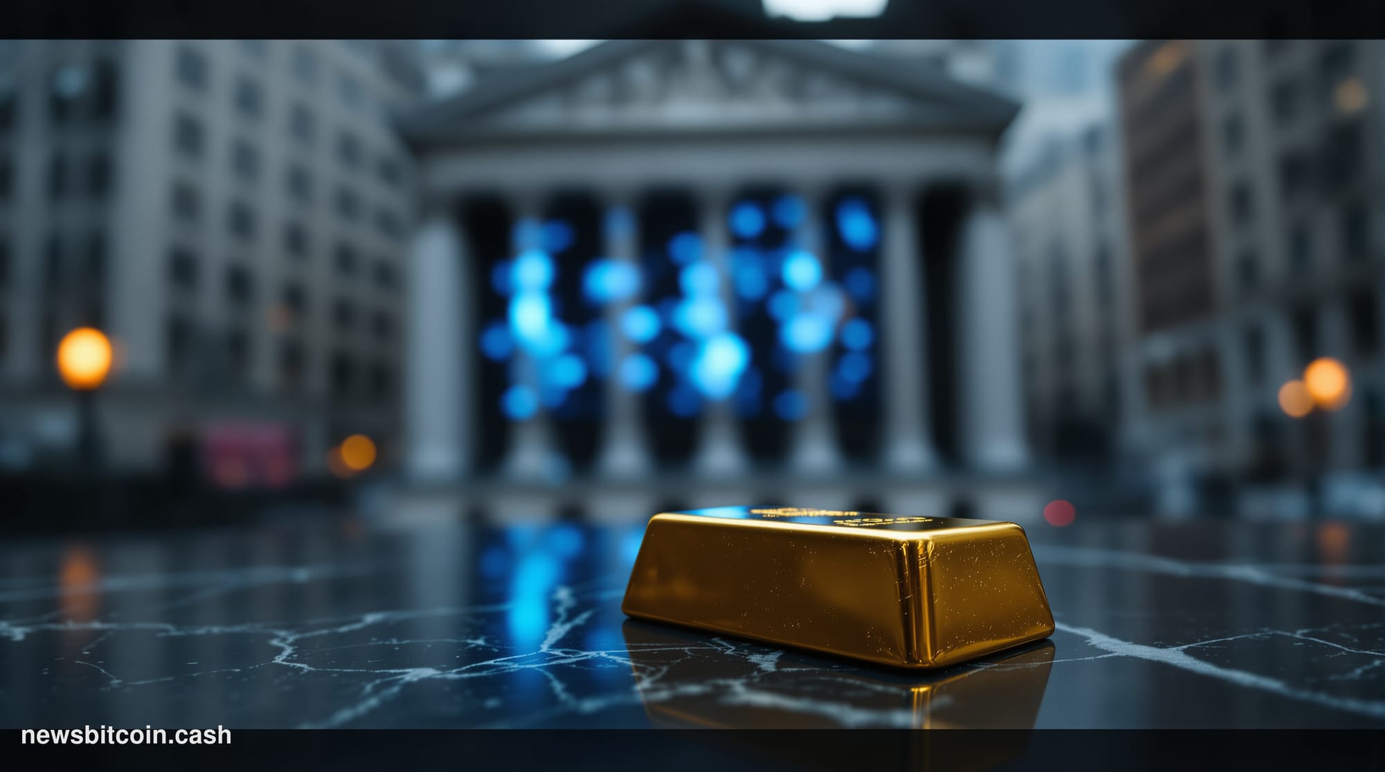 A cinematic photorealistic editorial photograph shot at ground level on Wall Street, New York City, with the iconic Federal R