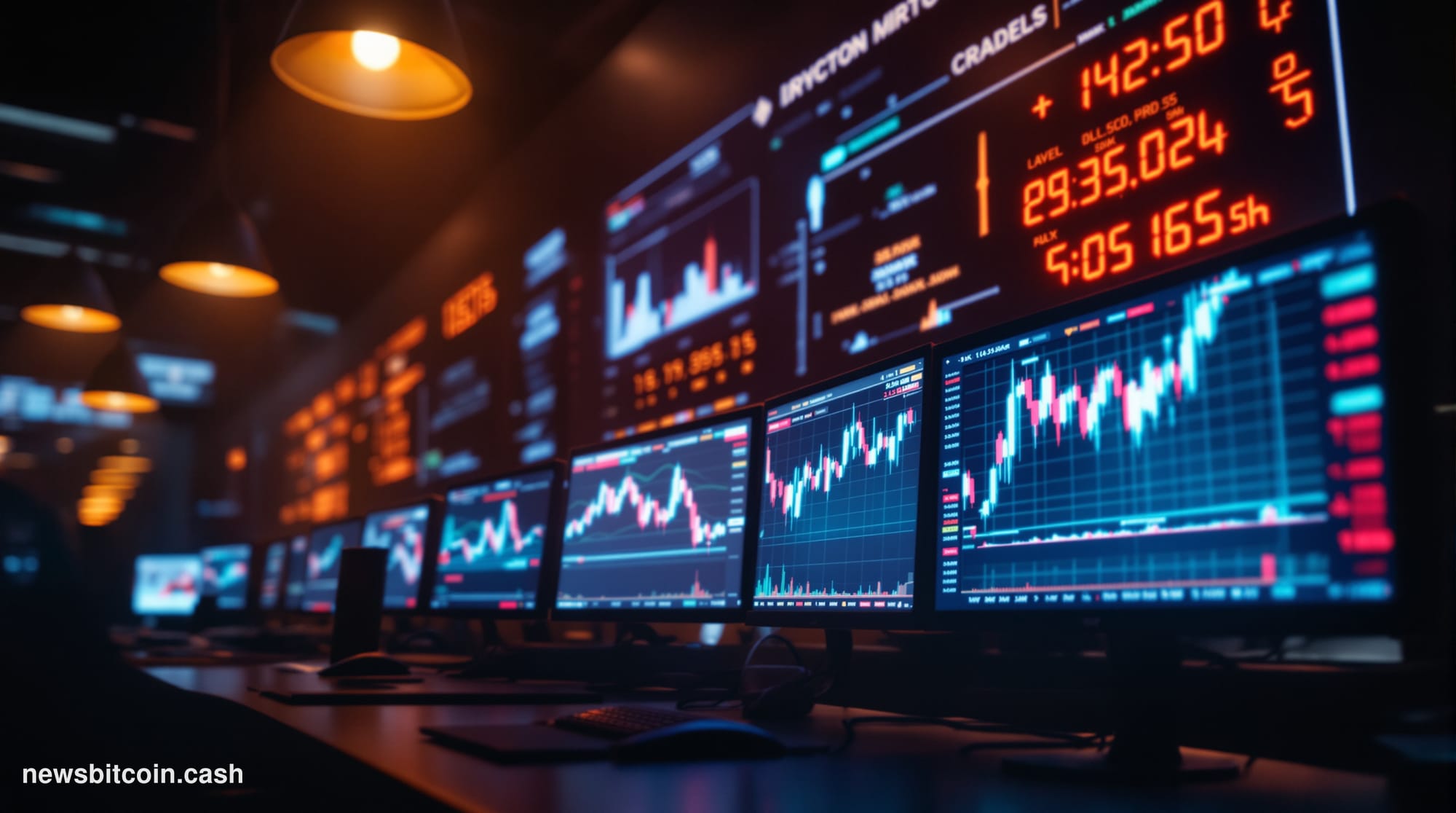 A cinematic photorealistic editorial photograph set inside a dimly lit financial trading floor in lower Manhattan, dramatic s