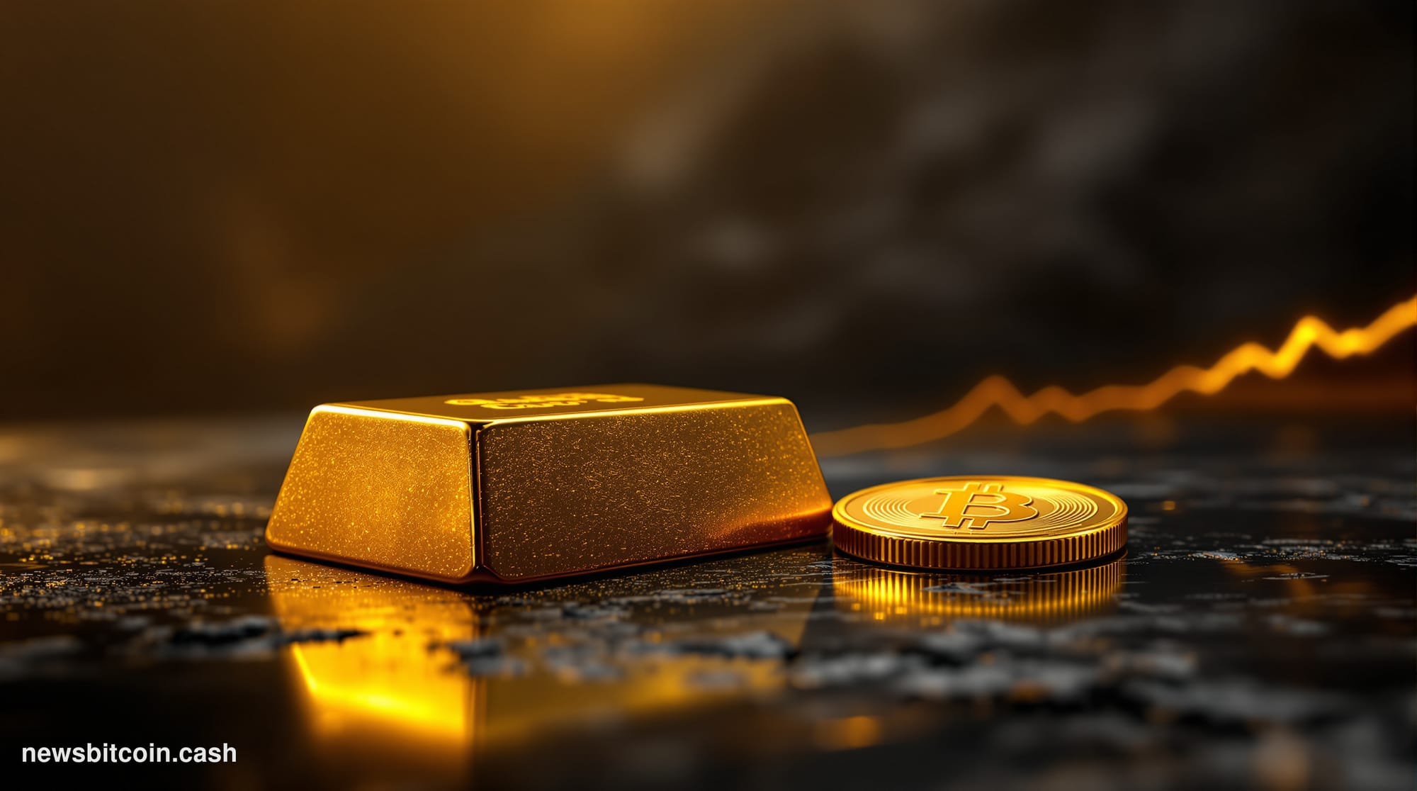 A cinematic photorealistic editorial photograph of a large physical gold bar and a gleaming copper-gold Bitcoin coin placed s
