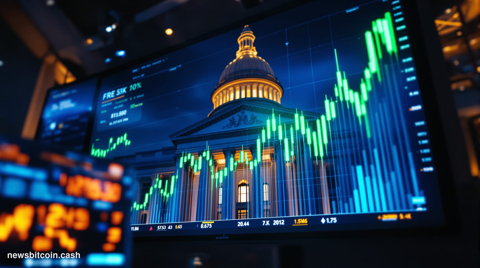 Cinematic photorealistic editorial photograph of a large financial trading floor monitor displaying a dramatic Bitcoin price 