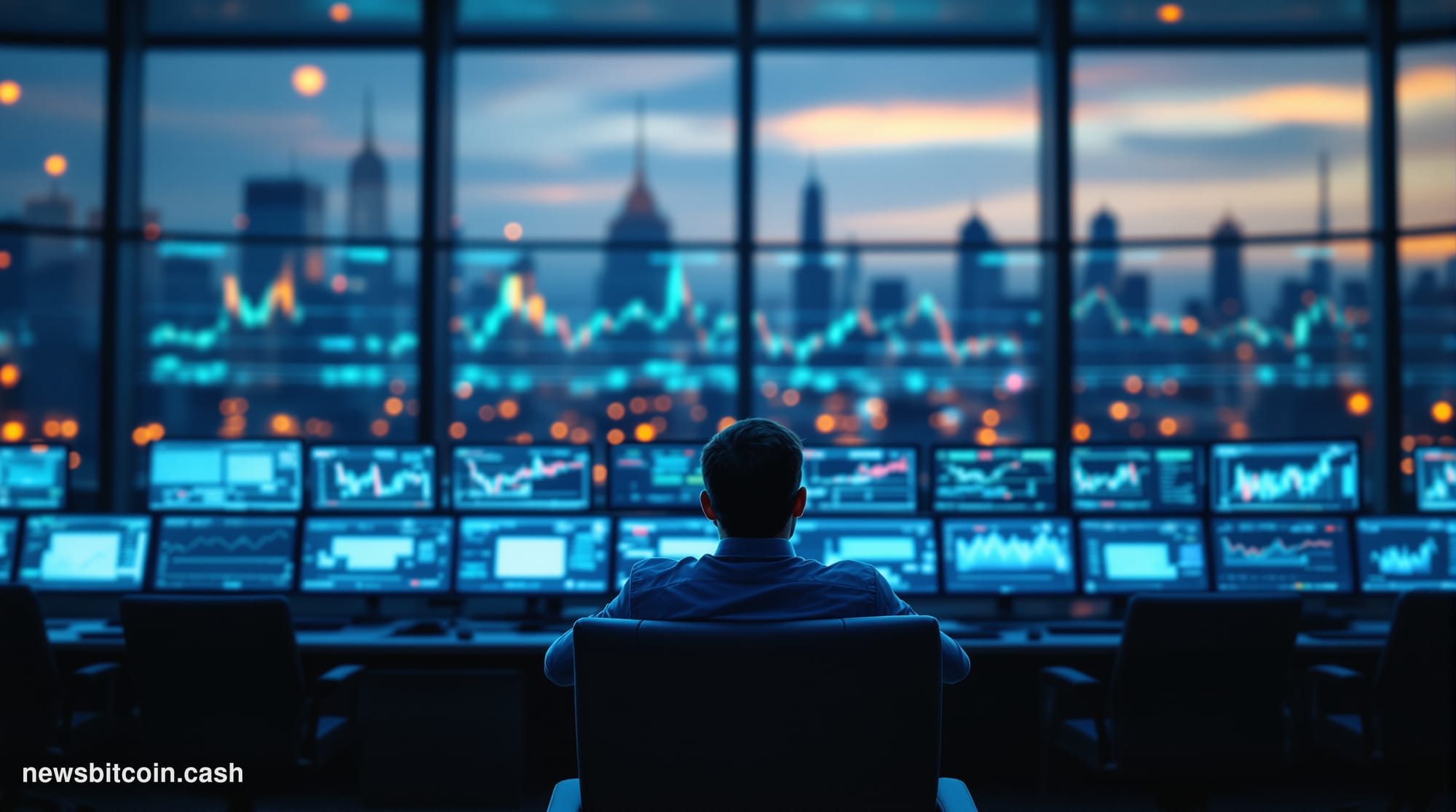 Cinematic photorealistic editorial photograph of a large financial trading floor at dusk, lit by the cool blue glow of multip