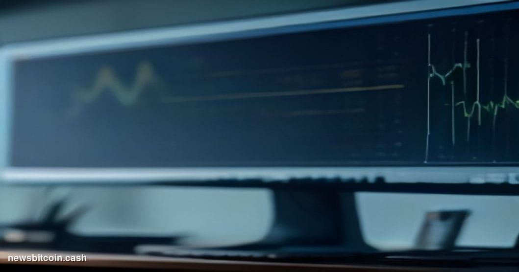 Cinematic photorealistic editorial photograph of a large trading floor monitor displaying a Bitcoin price chart with a clearl