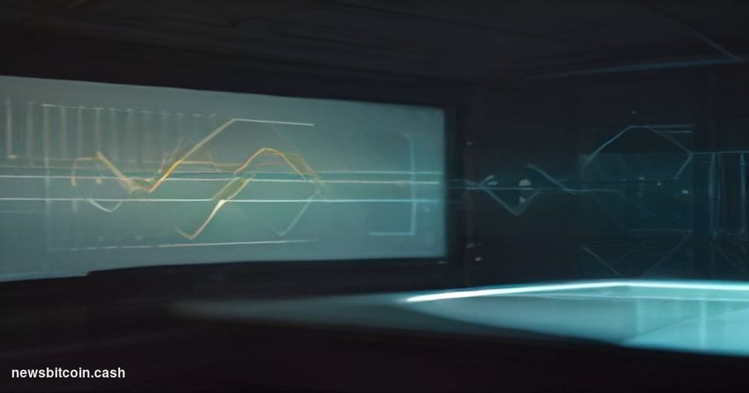 A cinematic photorealistic editorial photograph of a large curved trading terminal screen displaying a Bitcoin price chart wi