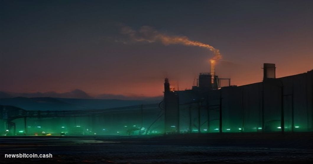 Cinematic photorealistic editorial photograph of an industrial nickel mining and processing facility at dusk, dominated by la