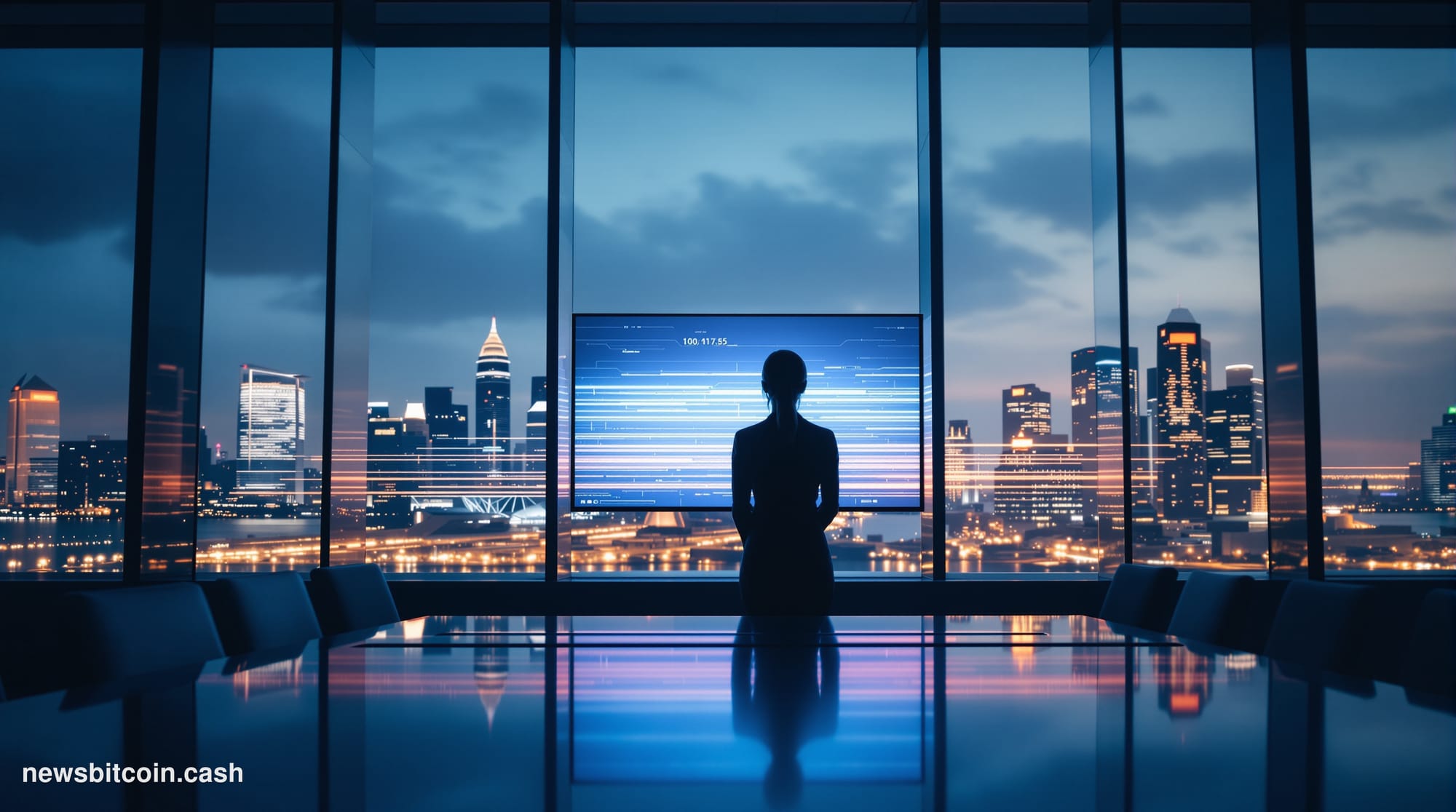 Cinematic photorealistic editorial photograph of a modern executive boardroom in a high-rise building in Singapore's Marina B