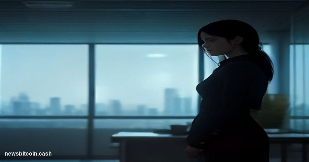 Cinematic photorealistic editorial photograph of a confident female executive silhouette standing at floor-to-ceiling glass w