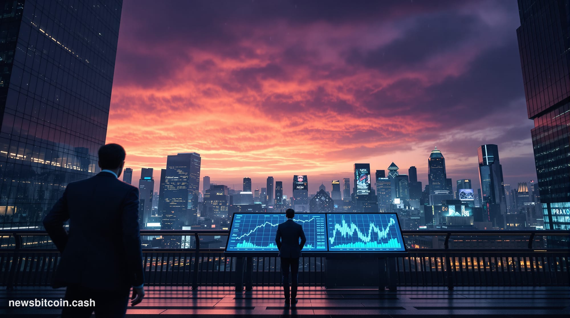 Cinematic photorealistic editorial photograph of Tokyo's financial district at dusk, with the distinctive glass towers of the