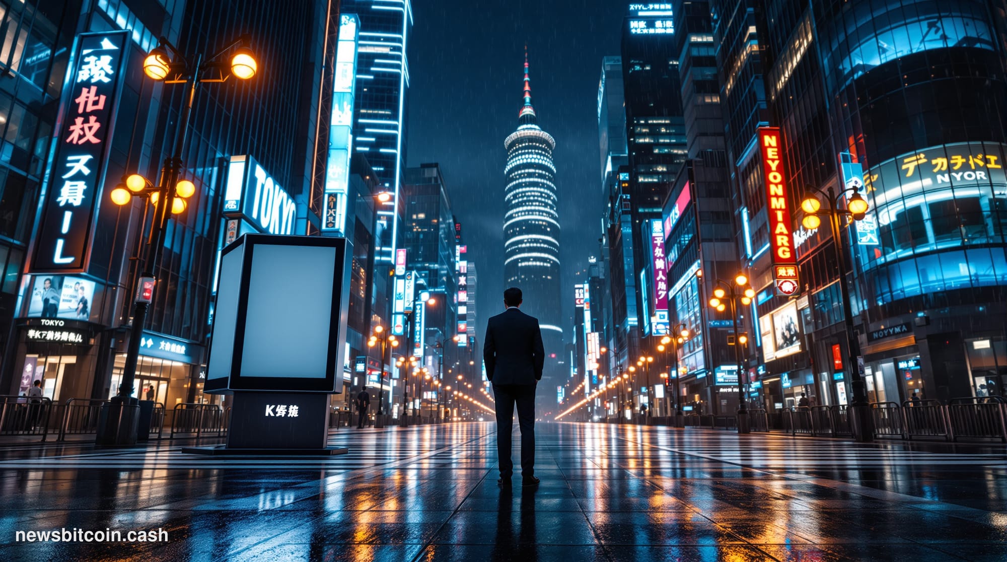 Cinematic photorealistic editorial photograph of a neon-lit Tokyo financial district street at dusk, with a prominent digital