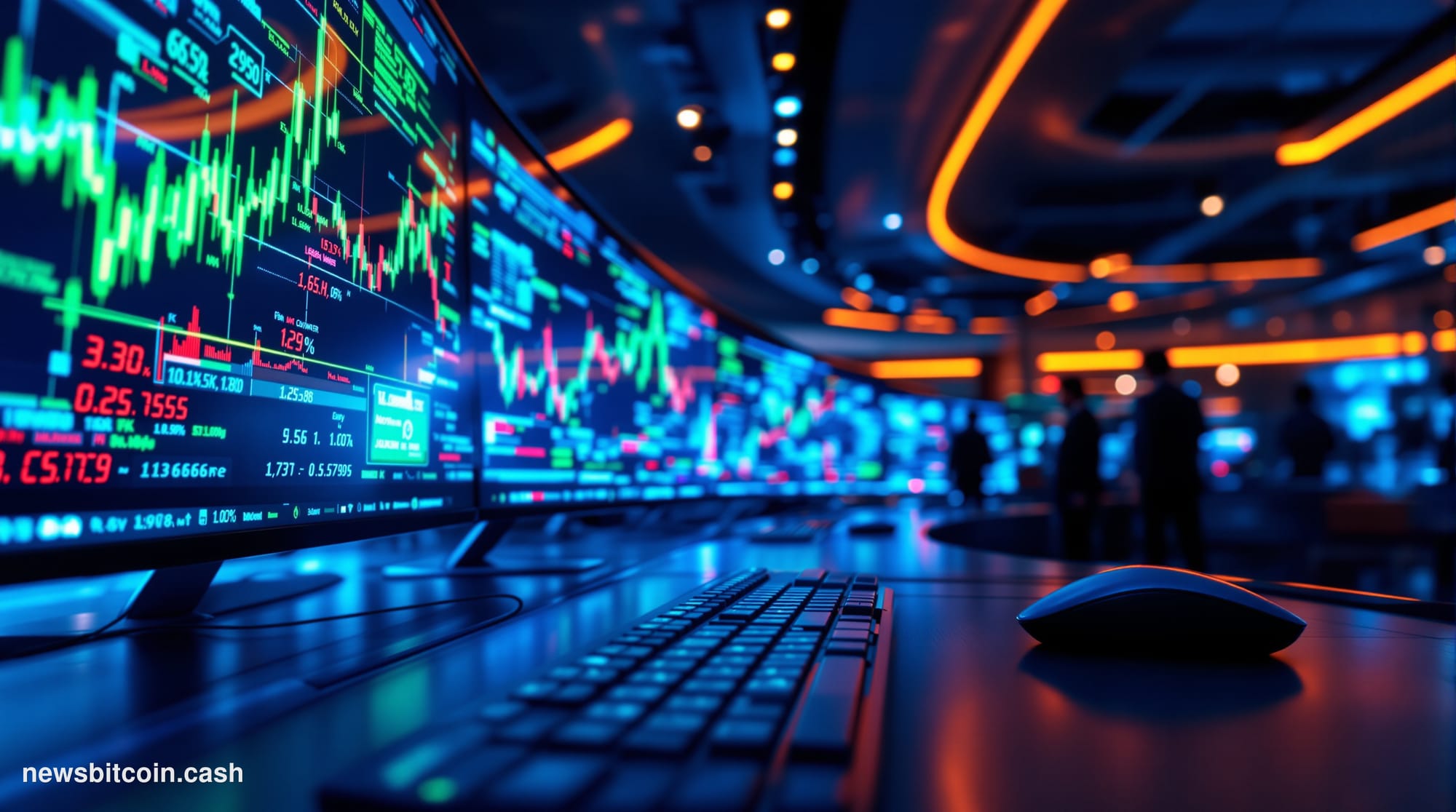 A cinematic photorealistic editorial photograph of a sleek, modern institutional trading floor bathed in deep blue and amber 
