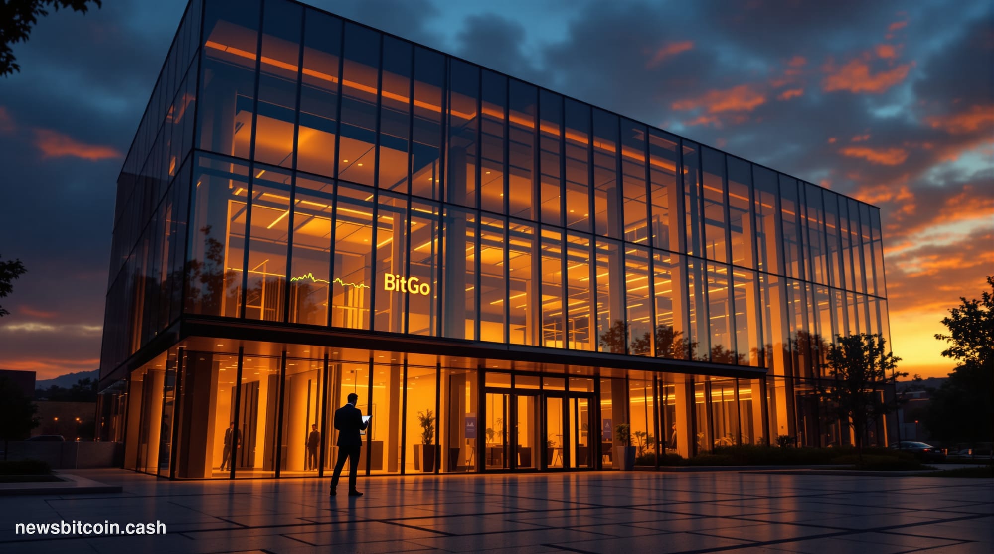 A cinematic photorealistic editorial photograph of BitGo's Palo Alto corporate headquarters exterior at dusk, with warm amber
