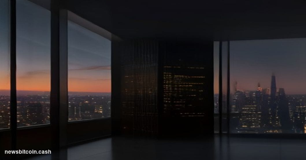 Cinematic photorealistic editorial photograph of a sleek, darkened Wall Street-adjacent glass office tower at dusk, with warm