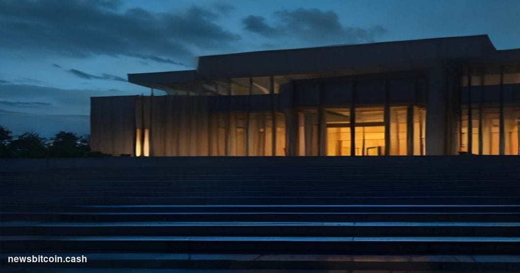 Cinematic photorealistic editorial photograph of a sleek South Korean courthouse exterior in Seoul at dusk, with a prominent 