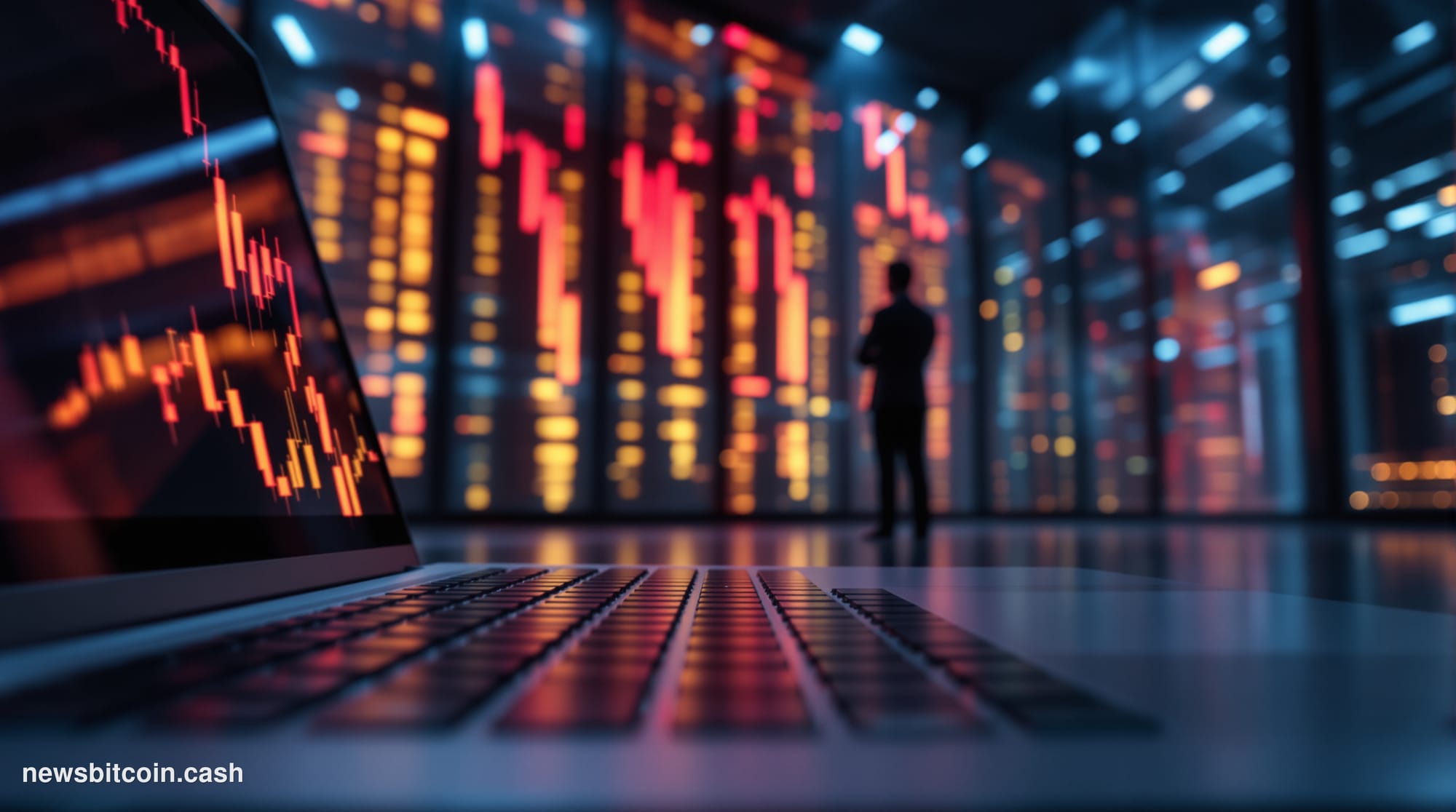 Cinematic photorealistic editorial photograph of a tense financial crisis scene centered on a sleek cryptocurrency exchange t